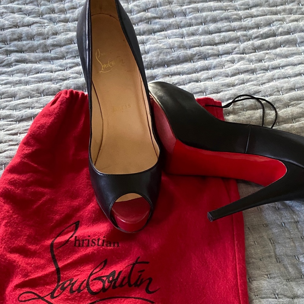 Christian Louboutin Black Peep Toe Heels with Red Sole